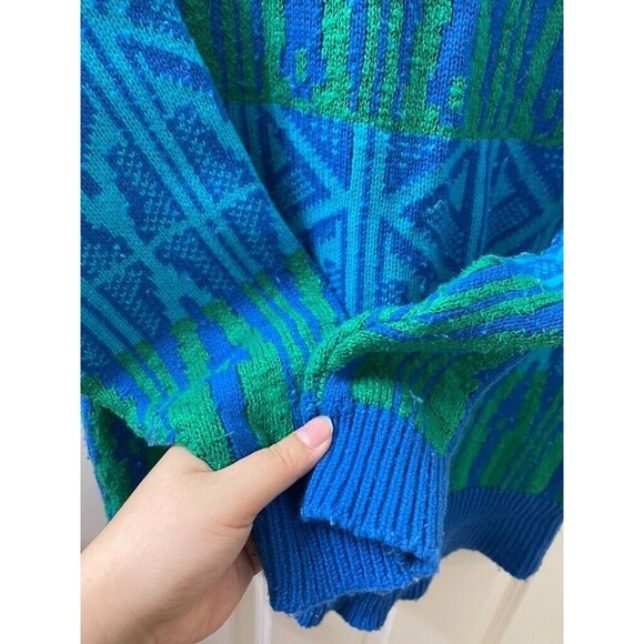 VTG Liz Claiborne Women’s Sweater Sz M Chunky Knit Blue GREEN GEOMETRIC - Picture 4 of 13